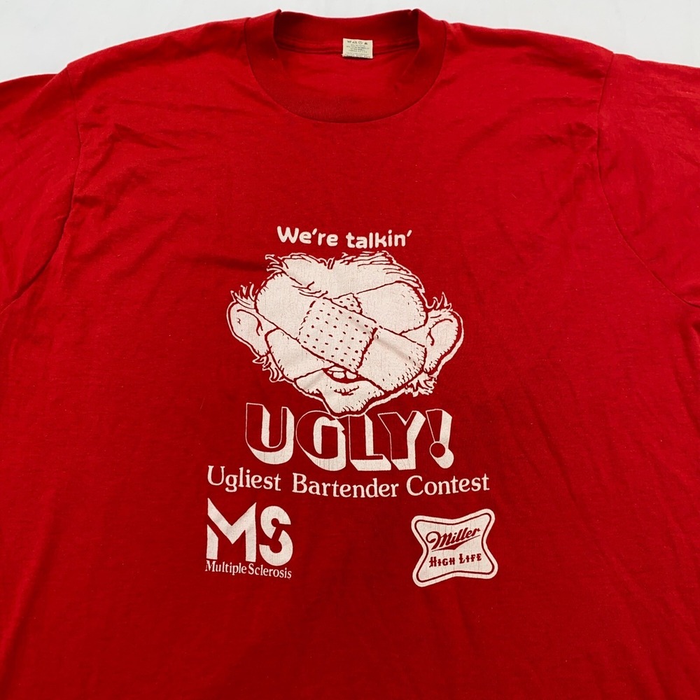 vintage 90s MILLER HIGH LIFE BEER UGLIEST BARTENDER CONTEST T-Shirt MEDIUM/LARGE
